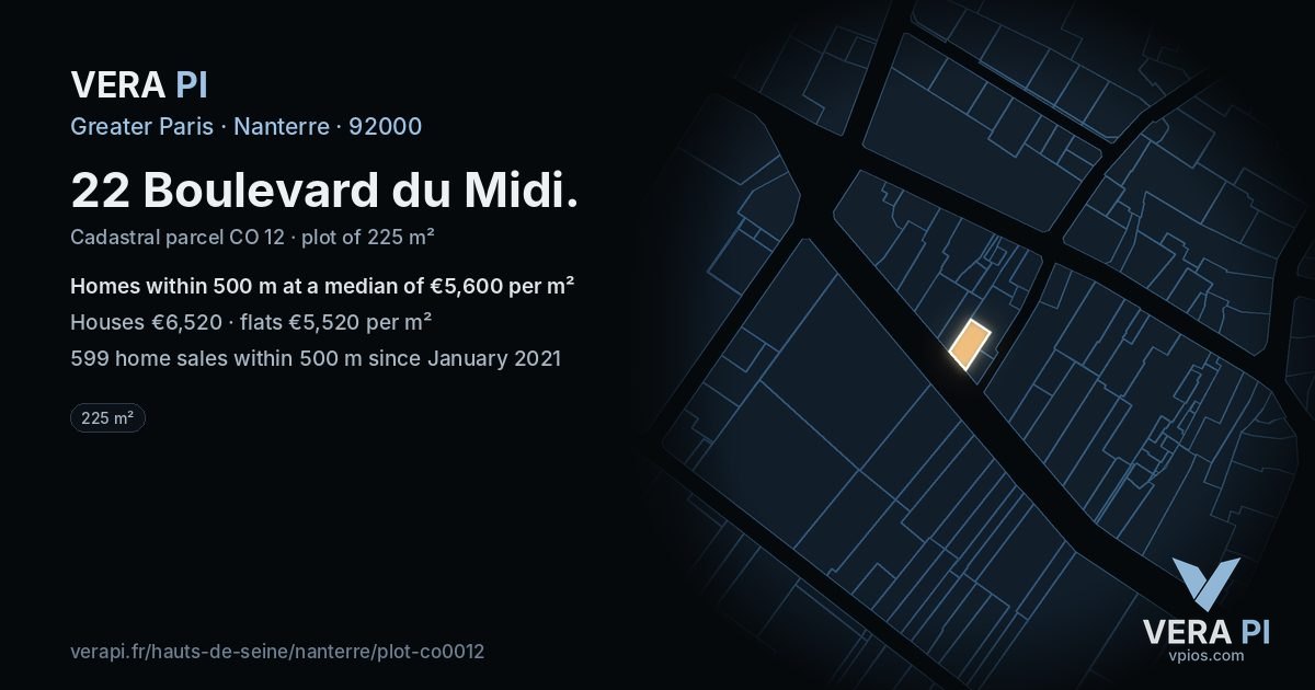 22 Boulevard du Midi, Nanterre at night – the plot lit, the parcels around coloured by the prices near them