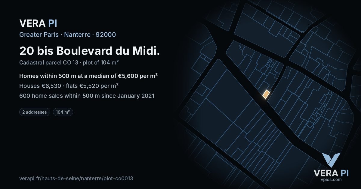 20 bis Boulevard du Midi, Nanterre at night – the plot lit, the parcels around coloured by the prices near them