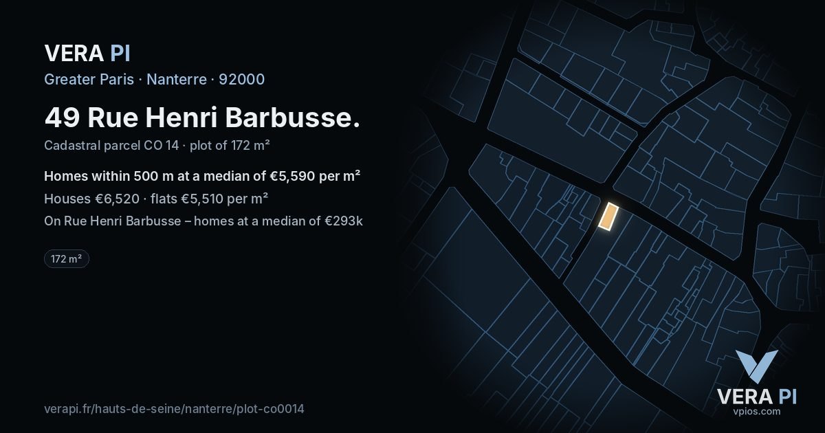49 Rue Henri Barbusse, Nanterre at night – the plot lit, the parcels around coloured by the prices near them