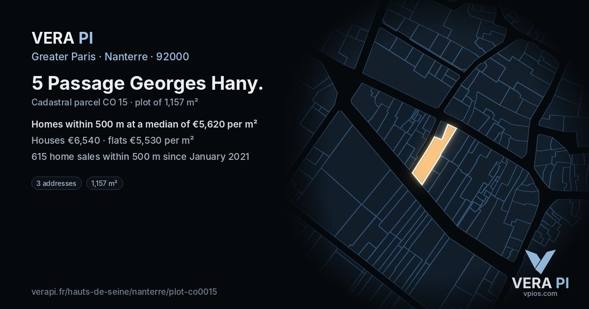 5 Passage Georges Hany, Nanterre at night – the plot lit, the parcels around coloured by the prices near them