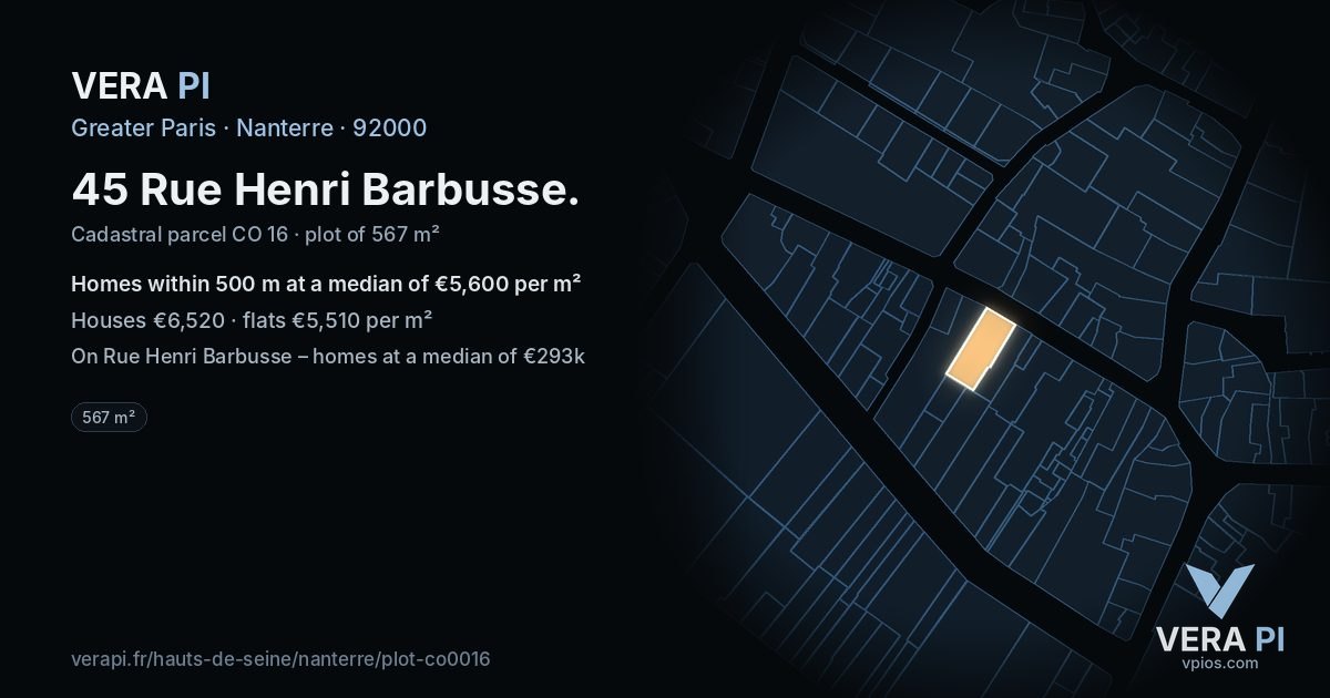 45 Rue Henri Barbusse, Nanterre at night – the plot lit, the parcels around coloured by the prices near them