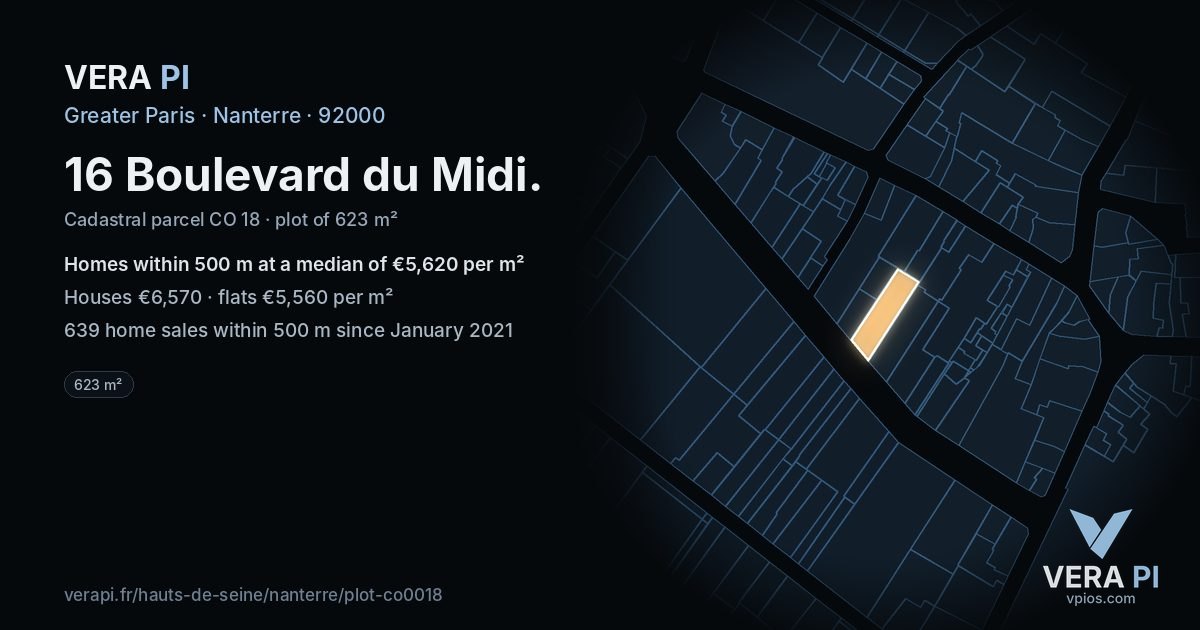 16 Boulevard du Midi, Nanterre at night – the plot lit, the parcels around coloured by the prices near them