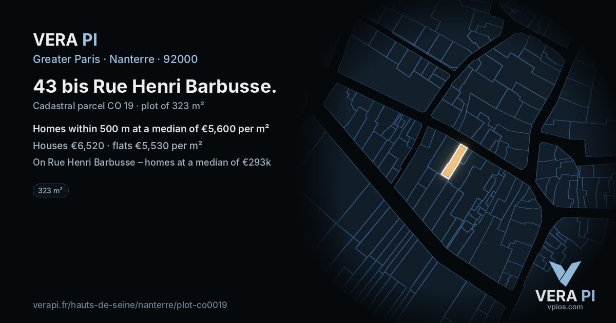 43 bis Rue Henri Barbusse, Nanterre at night – the plot lit, the parcels around coloured by the prices near them