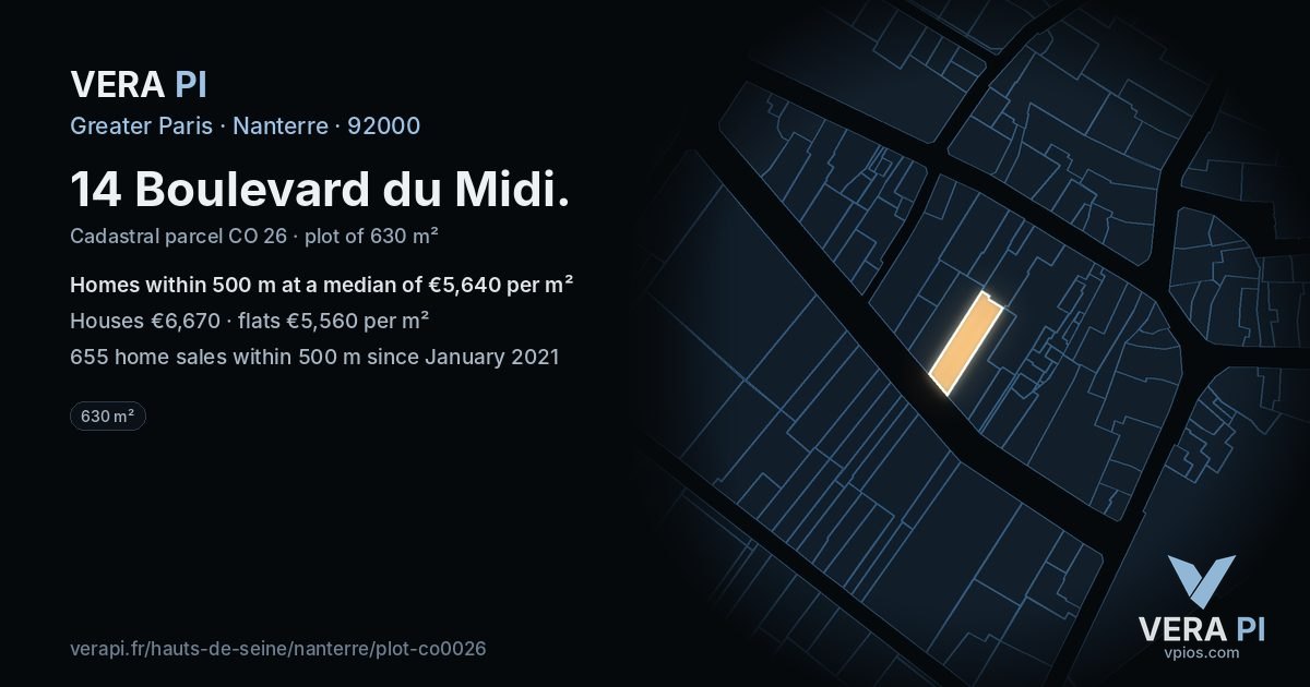 14 Boulevard du Midi, Nanterre at night – the plot lit, the parcels around coloured by the prices near them