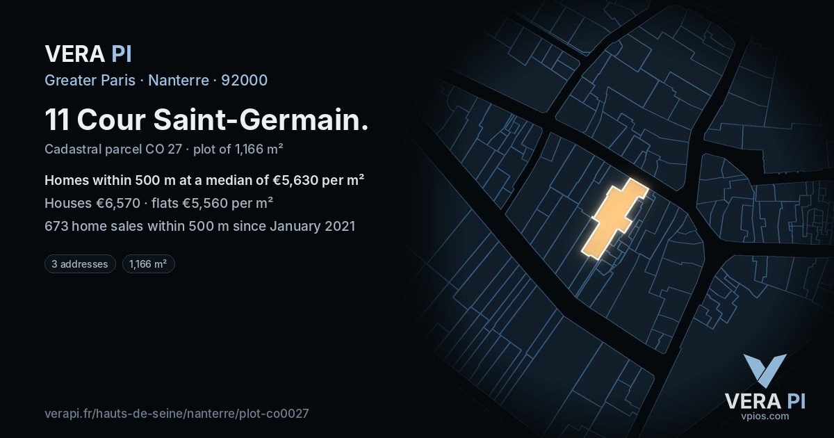 11 Cour Saint-Germain, Nanterre at night – the plot lit, the parcels around coloured by the prices near them