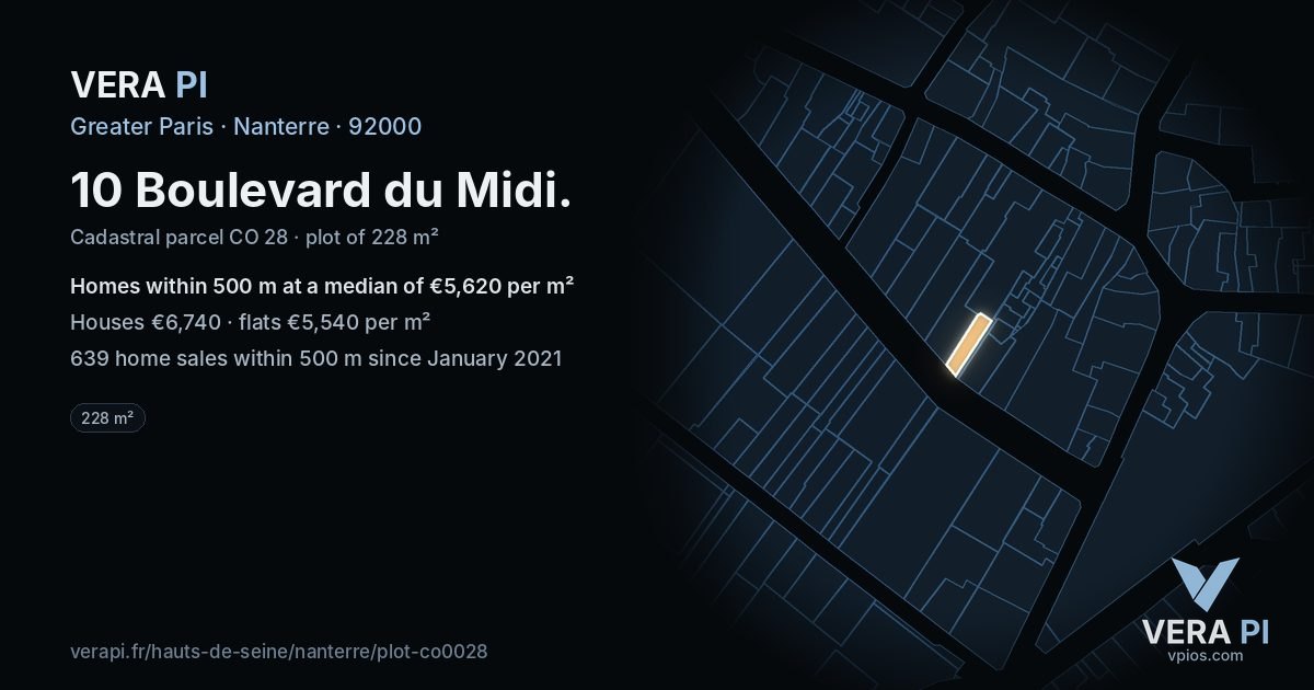 10 Boulevard du Midi, Nanterre at night – the plot lit, the parcels around coloured by the prices near them