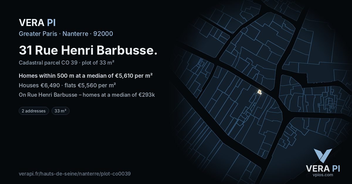 31 Rue Henri Barbusse, Nanterre at night – the plot lit, the parcels around coloured by the prices near them
