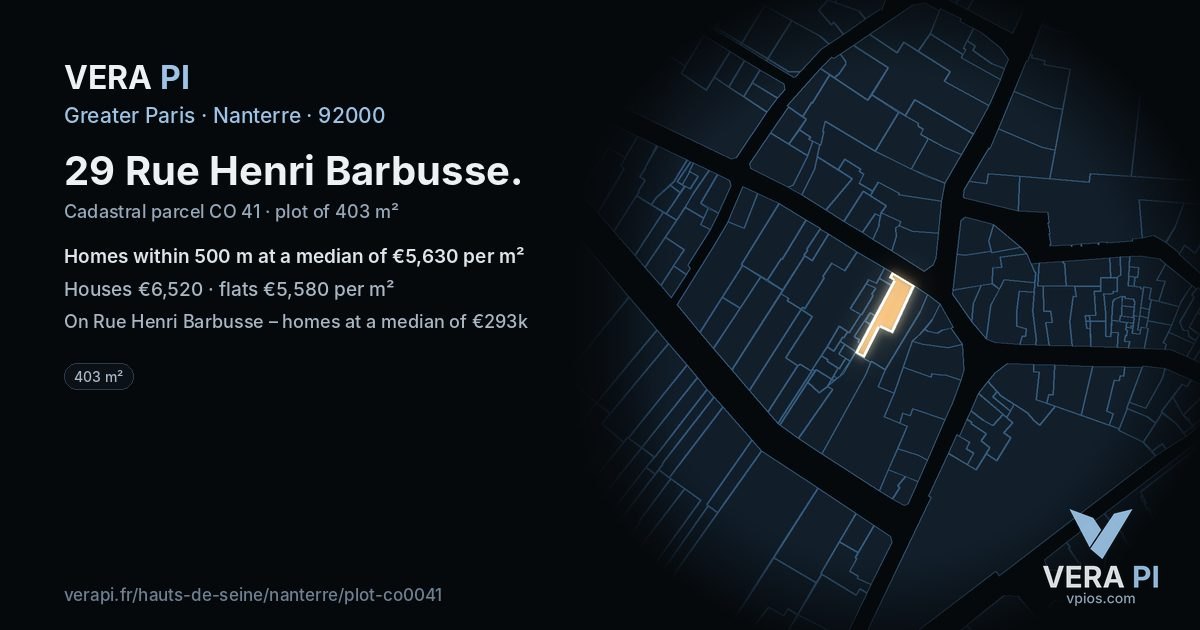 29 Rue Henri Barbusse, Nanterre at night – the plot lit, the parcels around coloured by the prices near them