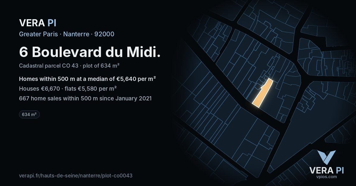 6 Boulevard du Midi, Nanterre at night – the plot lit, the parcels around coloured by the prices near them