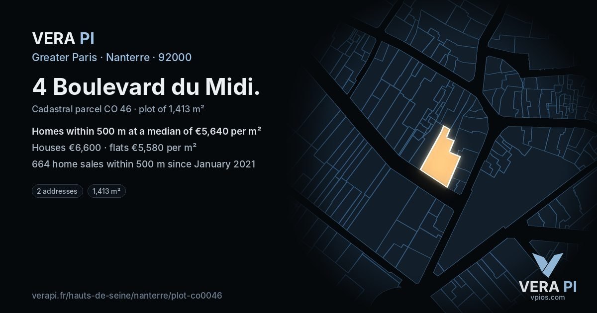 4 Boulevard du Midi, Nanterre at night – the plot lit, the parcels around coloured by the prices near them
