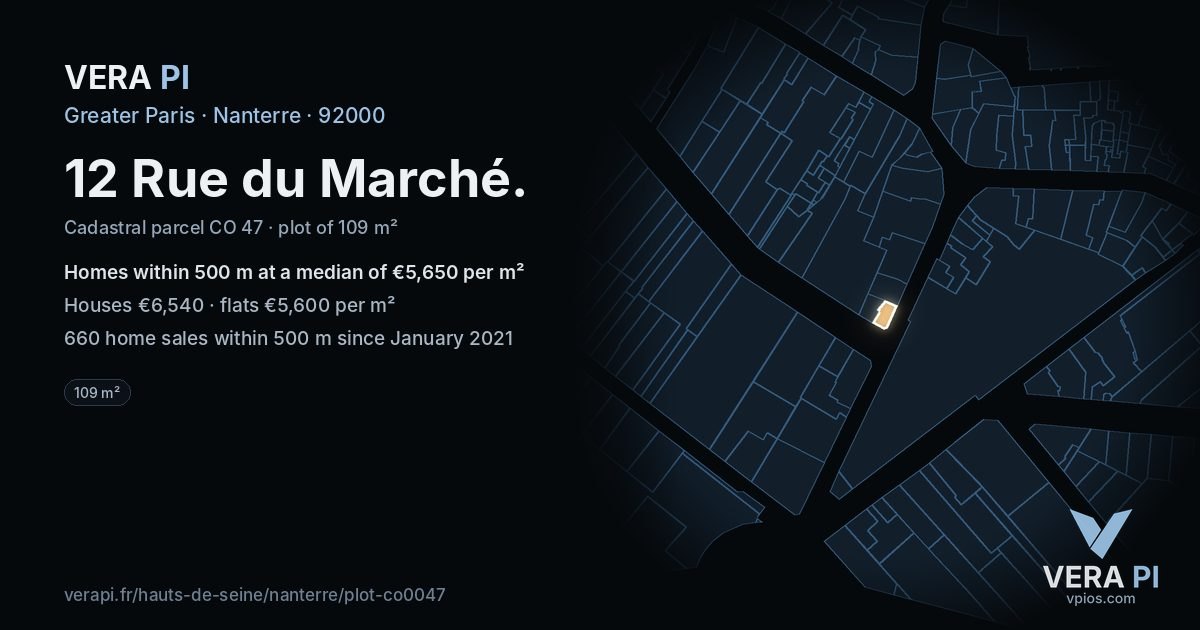 12 Rue du Marché, Nanterre at night – the plot lit, the parcels around coloured by the prices near them