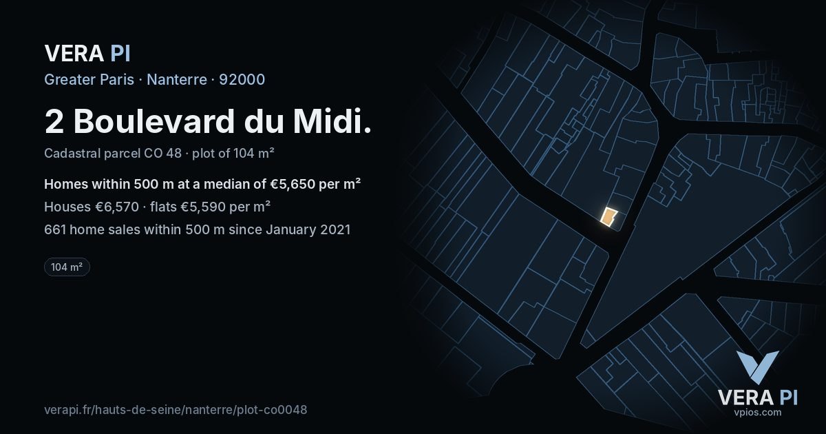 2 Boulevard du Midi, Nanterre at night – the plot lit, the parcels around coloured by the prices near them