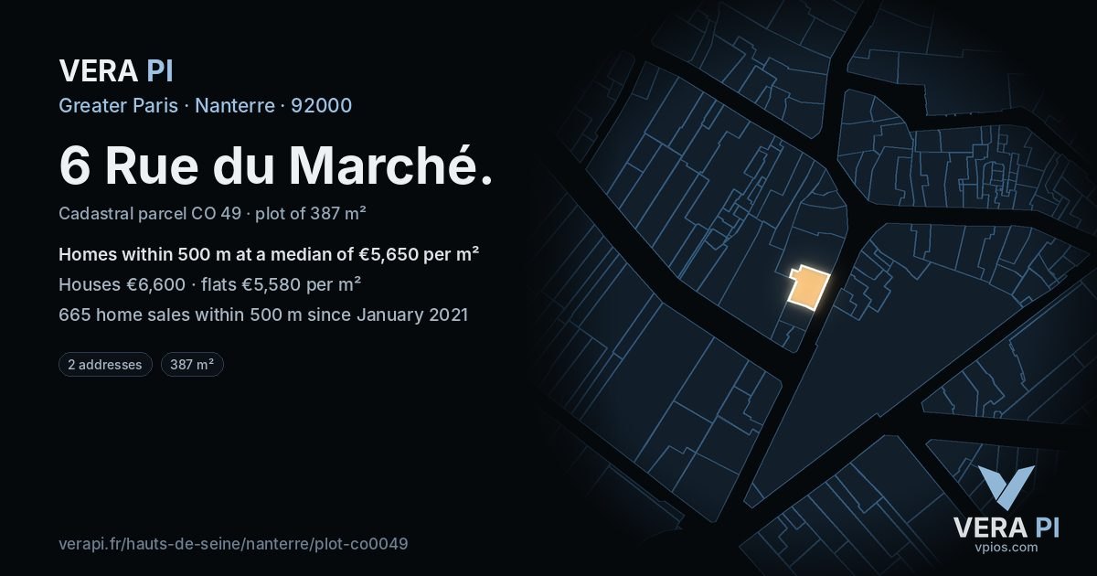 6 Rue du Marché, Nanterre at night – the plot lit, the parcels around coloured by the prices near them
