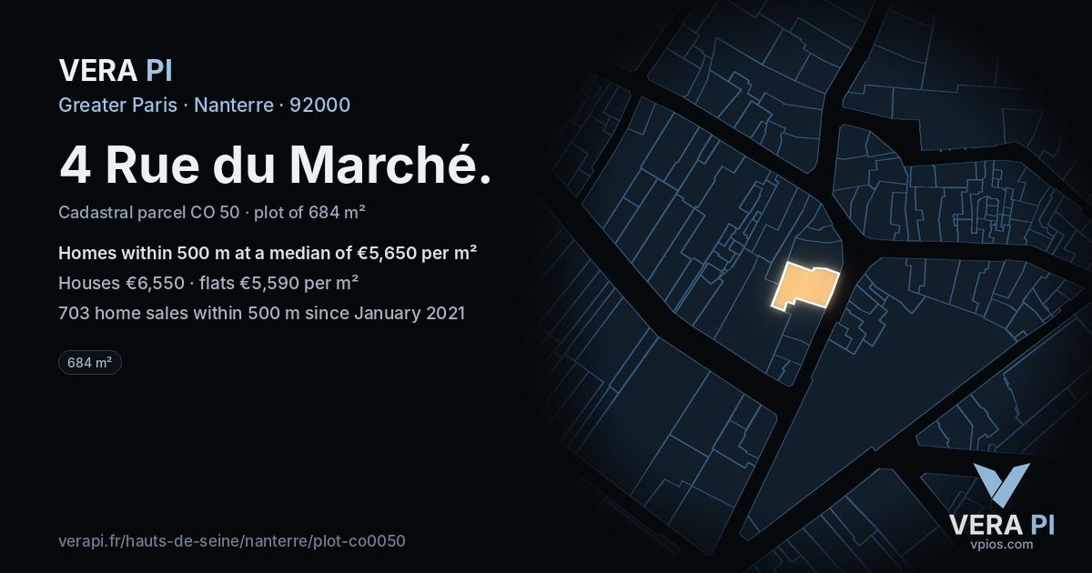 4 Rue du Marché, Nanterre at night – the plot lit, the parcels around coloured by the prices near them