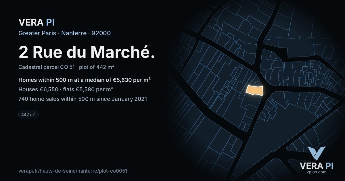 2 Rue du Marché, Nanterre at night – the plot lit, the parcels around coloured by the prices near them