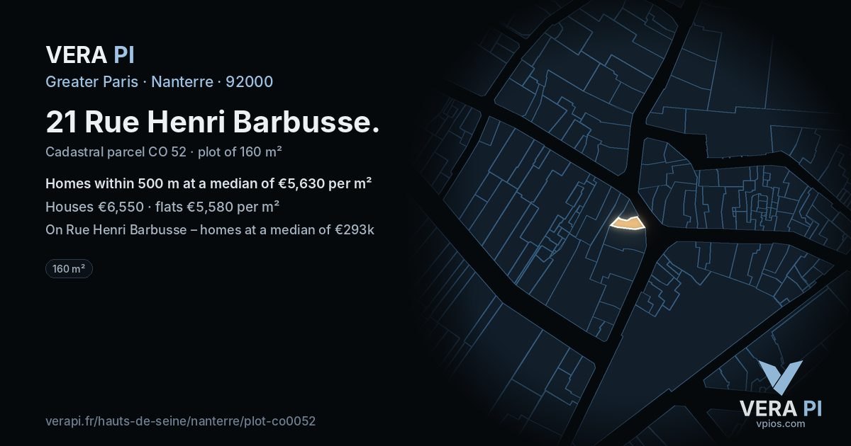 21 Rue Henri Barbusse, Nanterre at night – the plot lit, the parcels around coloured by the prices near them