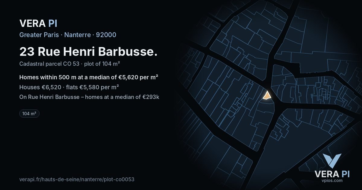 23 Rue Henri Barbusse, Nanterre at night – the plot lit, the parcels around coloured by the prices near them