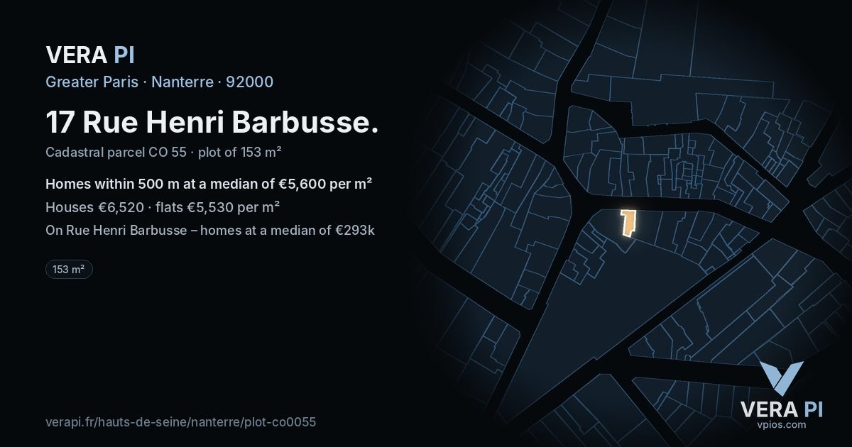 17 Rue Henri Barbusse, Nanterre at night – the plot lit, the parcels around coloured by the prices near them