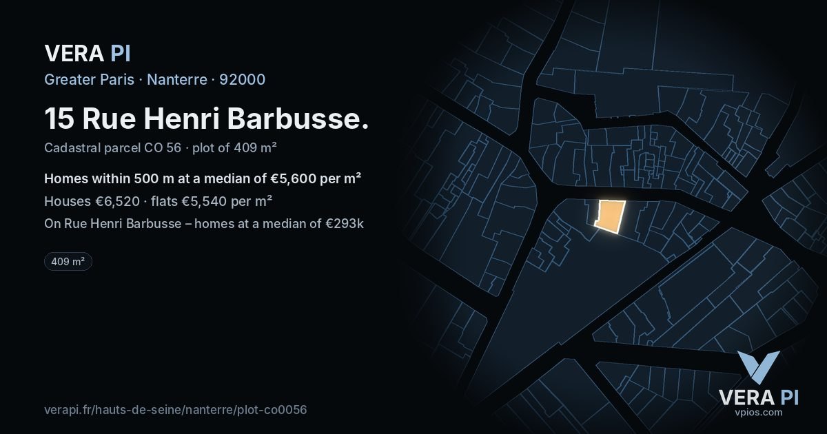15 Rue Henri Barbusse, Nanterre at night – the plot lit, the parcels around coloured by the prices near them