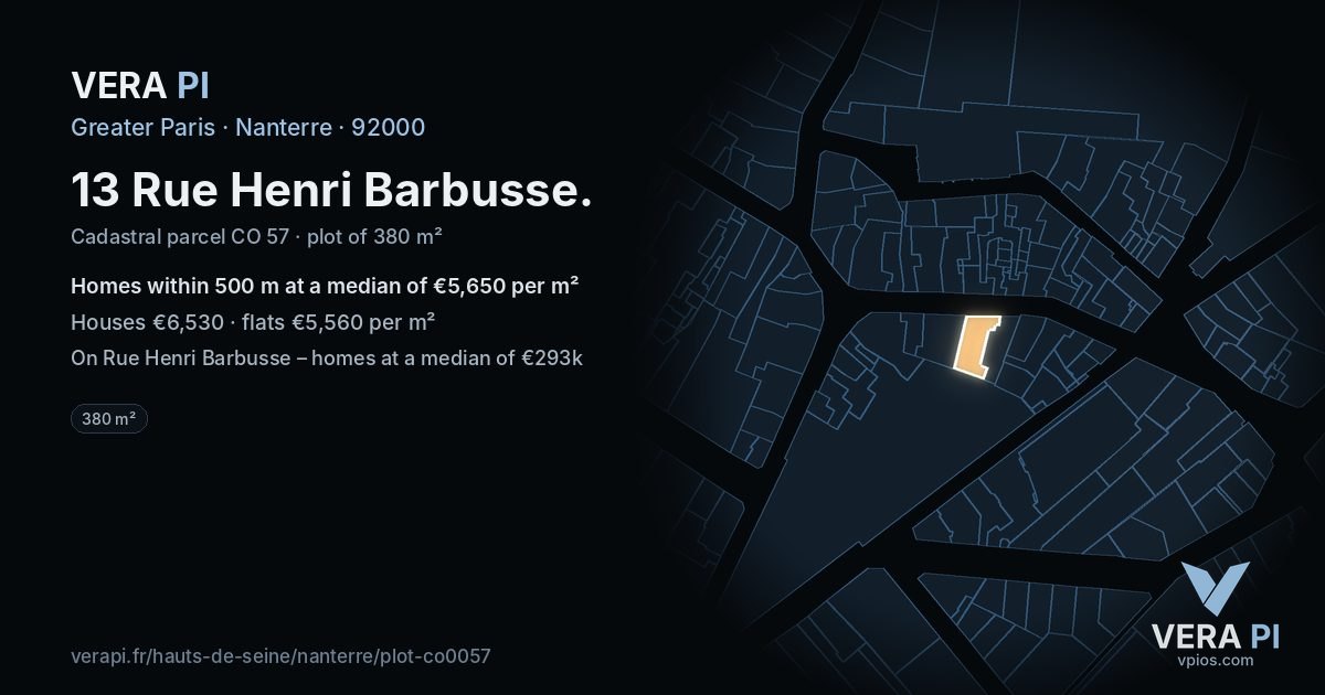13 Rue Henri Barbusse, Nanterre at night – the plot lit, the parcels around coloured by the prices near them
