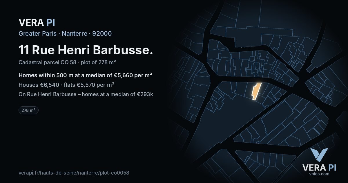 11 Rue Henri Barbusse, Nanterre at night – the plot lit, the parcels around coloured by the prices near them