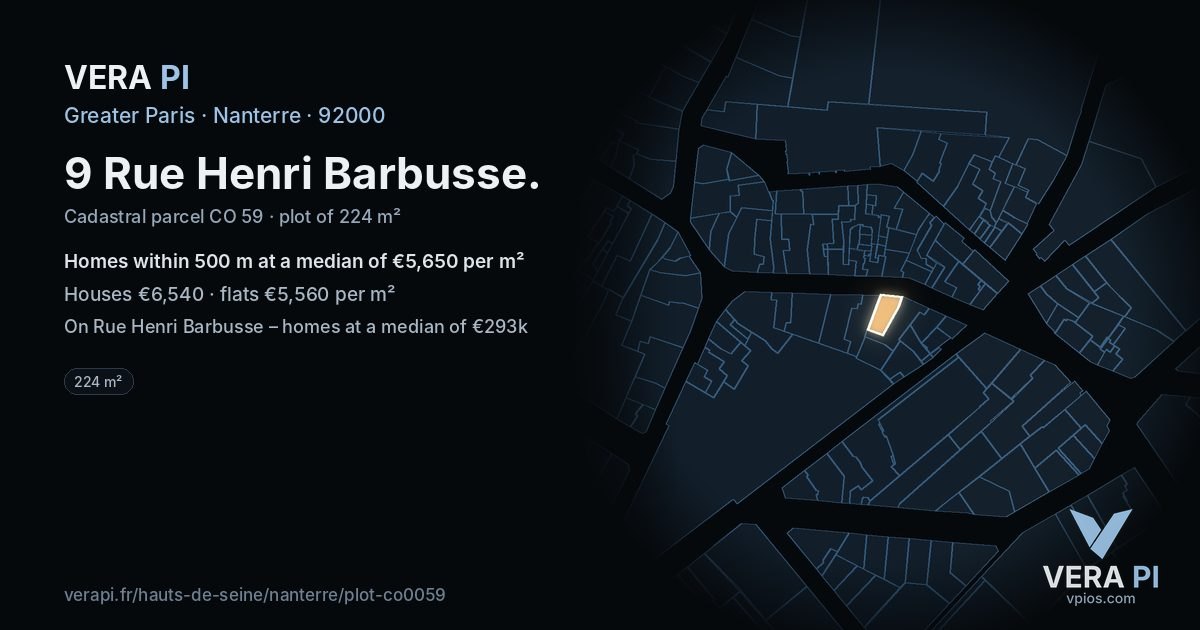 9 Rue Henri Barbusse, Nanterre at night – the plot lit, the parcels around coloured by the prices near them