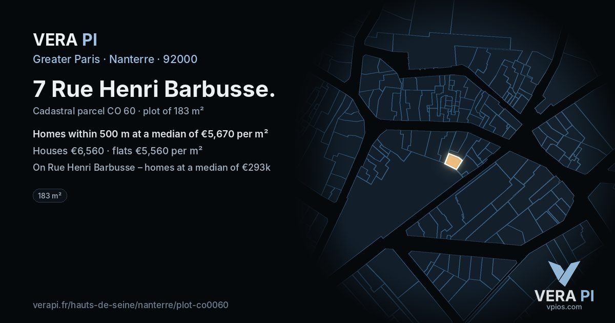 7 Rue Henri Barbusse, Nanterre at night – the plot lit, the parcels around coloured by the prices near them