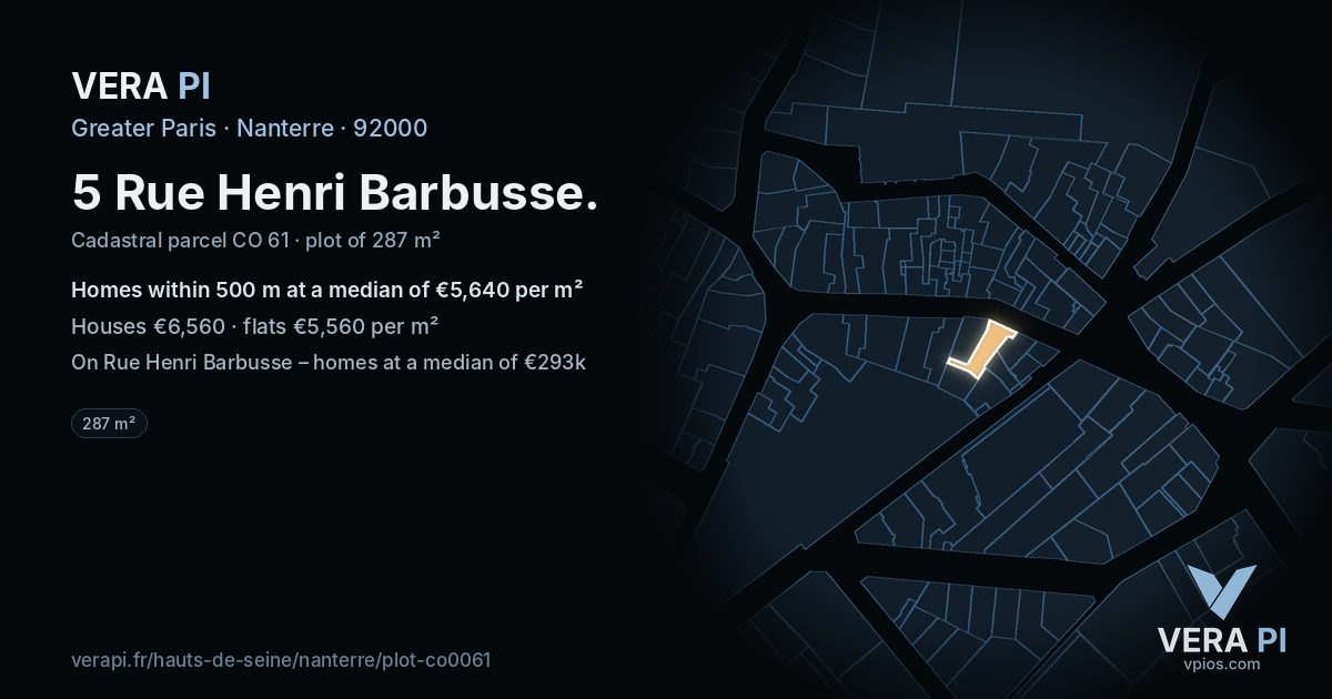 5 Rue Henri Barbusse, Nanterre at night – the plot lit, the parcels around coloured by the prices near them