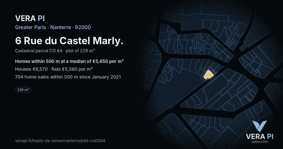 6 Rue du Castel Marly, Nanterre at night – the plot lit, the parcels around coloured by the prices near them