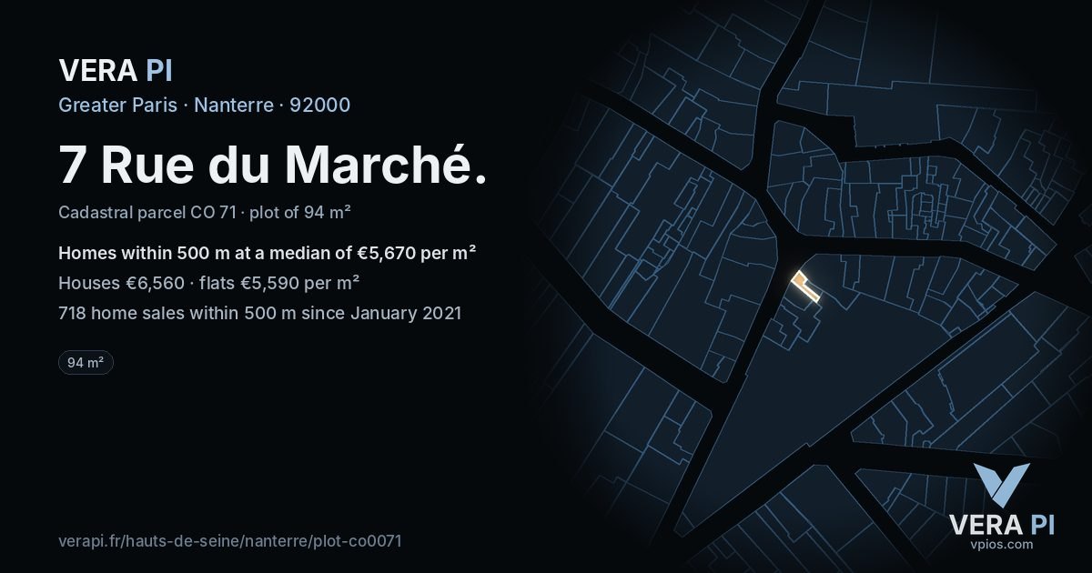 7 Rue du Marché, Nanterre at night – the plot lit, the parcels around coloured by the prices near them