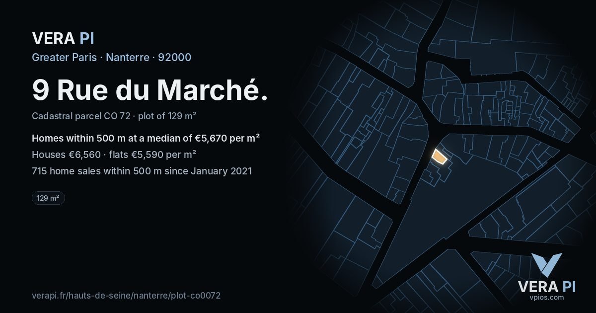 9 Rue du Marché, Nanterre at night – the plot lit, the parcels around coloured by the prices near them