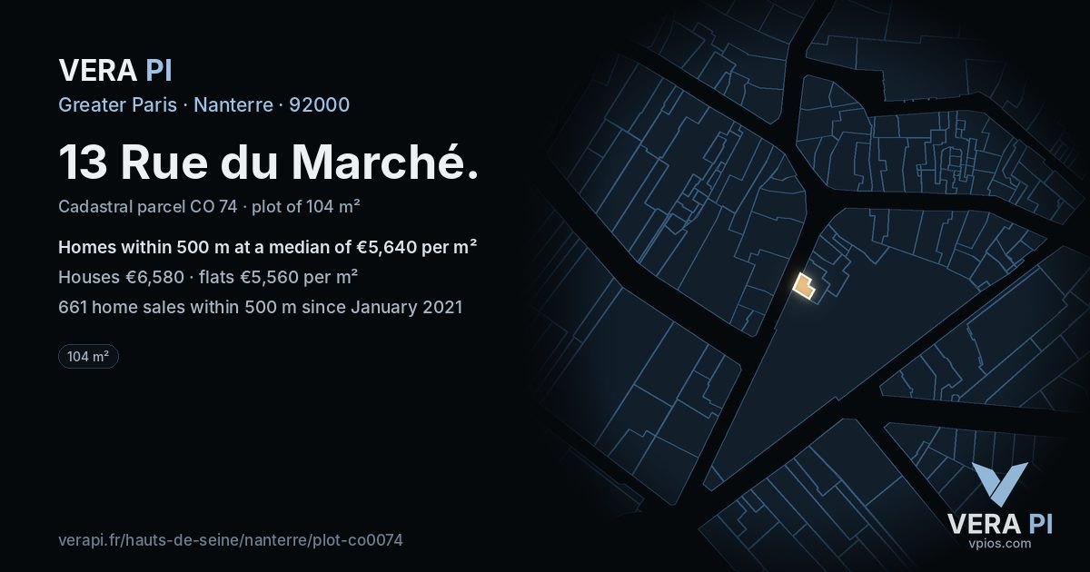 13 Rue du Marché, Nanterre at night – the plot lit, the parcels around coloured by the prices near them