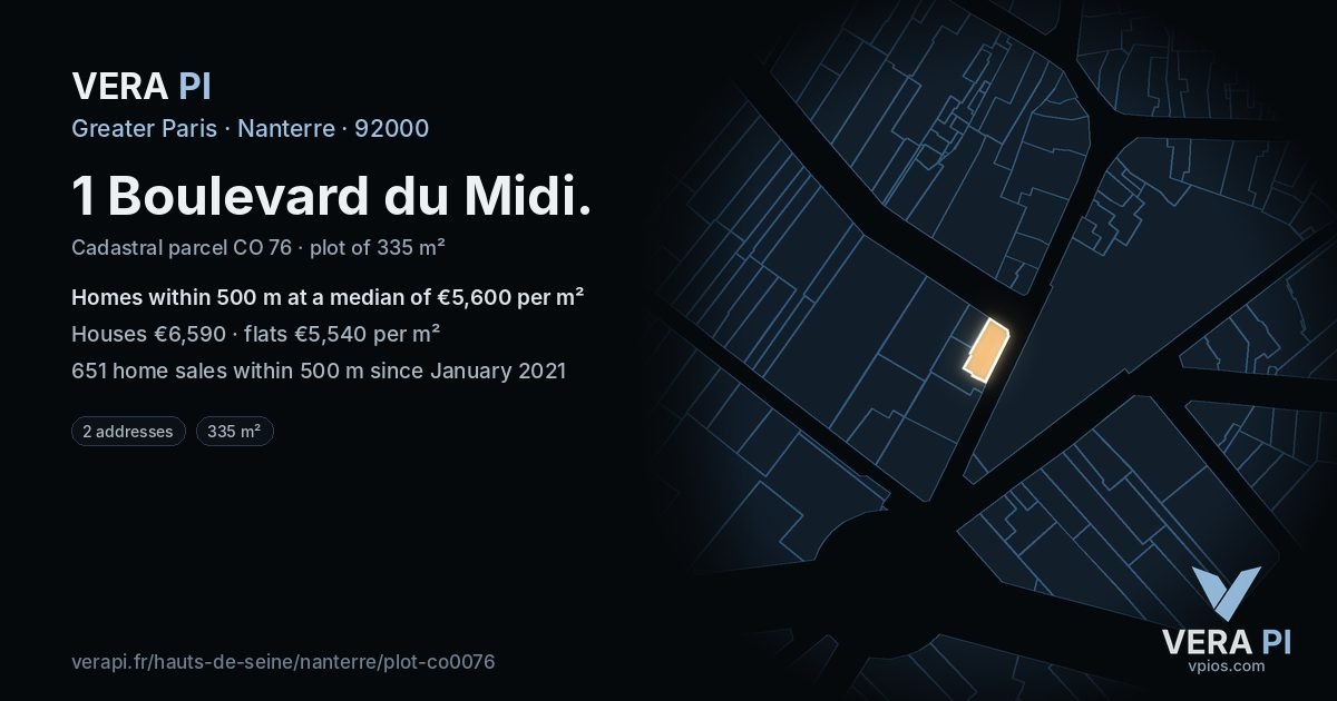1 Boulevard du Midi, Nanterre at night – the plot lit, the parcels around coloured by the prices near them