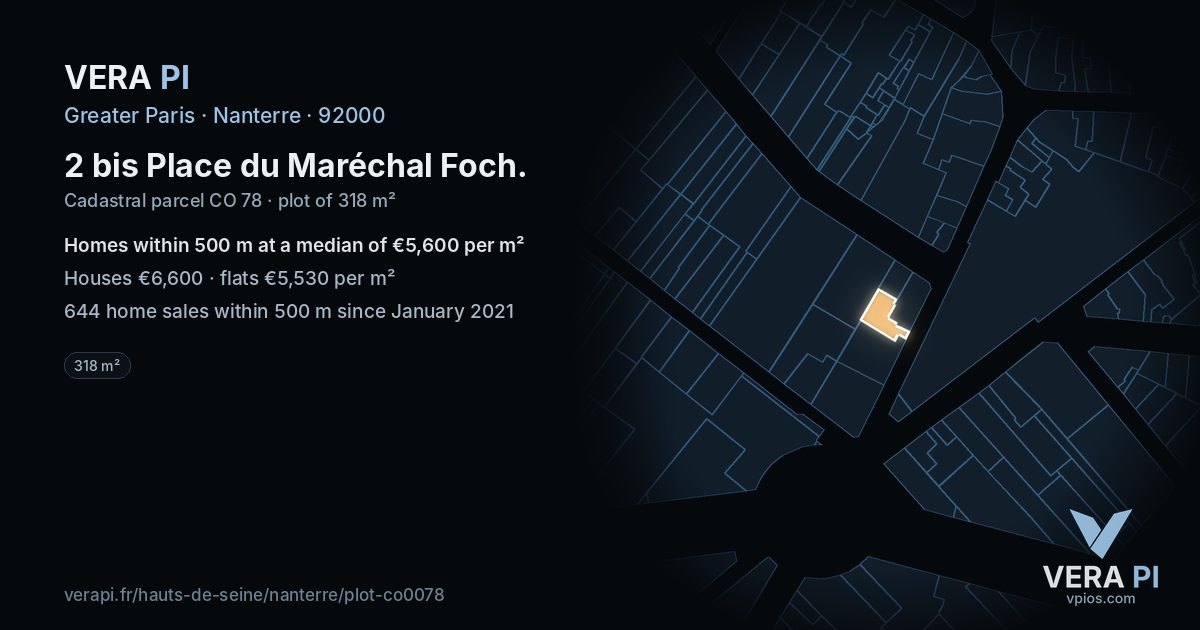 2 bis Place du Maréchal Foch, Nanterre at night – the plot lit, the parcels around coloured by the prices near them