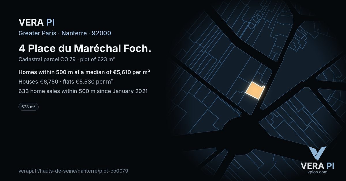 4 Place du Maréchal Foch, Nanterre at night – the plot lit, the parcels around coloured by the prices near them