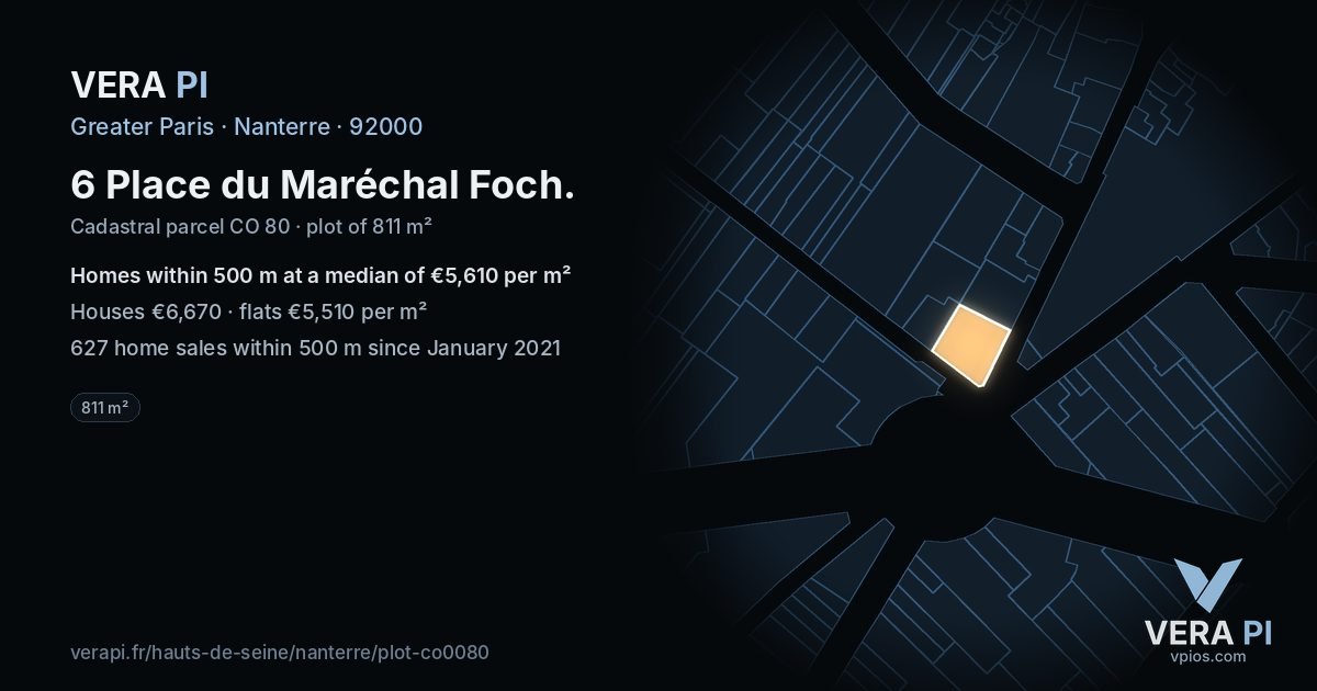 6 Place du Maréchal Foch, Nanterre at night – the plot lit, the parcels around coloured by the prices near them
