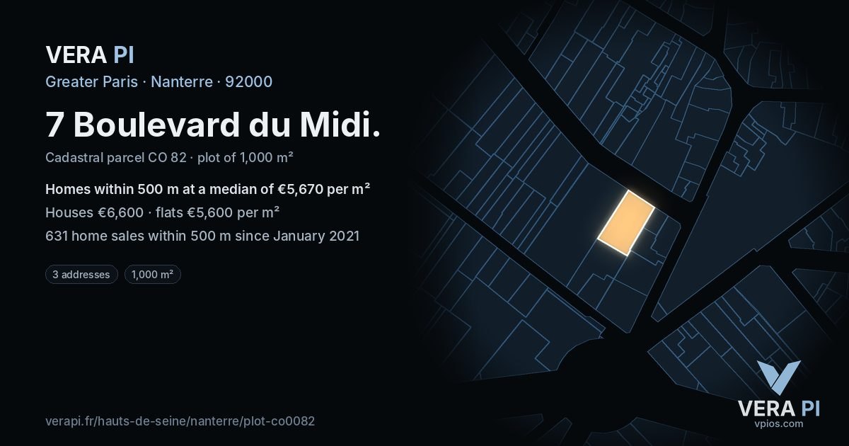 7 Boulevard du Midi, Nanterre at night – the plot lit, the parcels around coloured by the prices near them