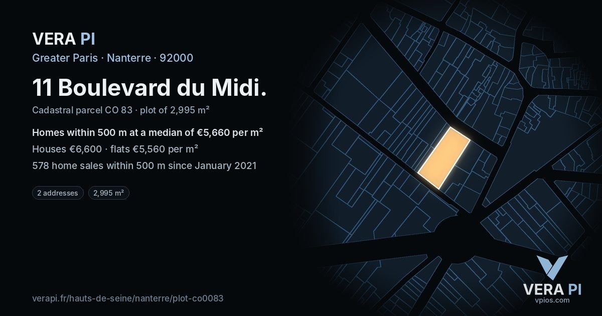11 Boulevard du Midi, Nanterre at night – the plot lit, the parcels around coloured by the prices near them