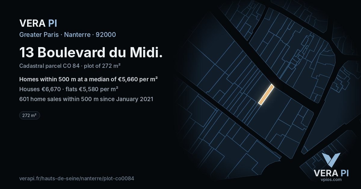 13 Boulevard du Midi, Nanterre at night – the plot lit, the parcels around coloured by the prices near them