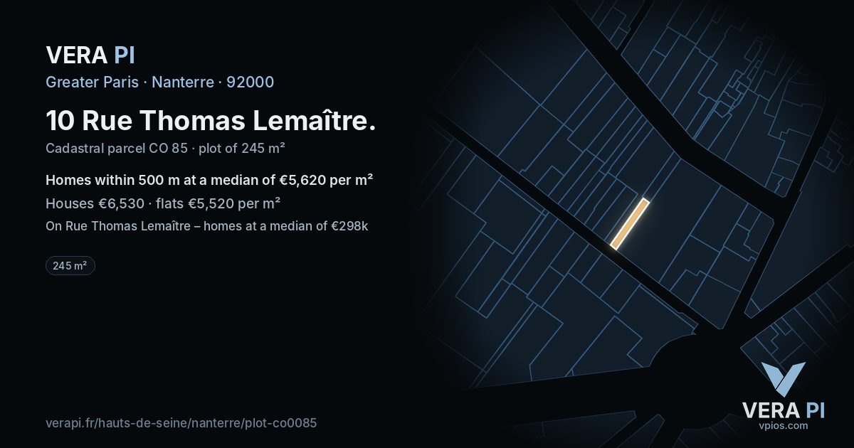 10 Rue Thomas Lemaître, Nanterre at night – the plot lit, the parcels around coloured by the prices near them