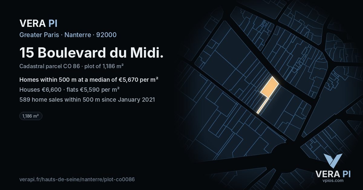 15 Boulevard du Midi, Nanterre at night – the plot lit, the parcels around coloured by the prices near them