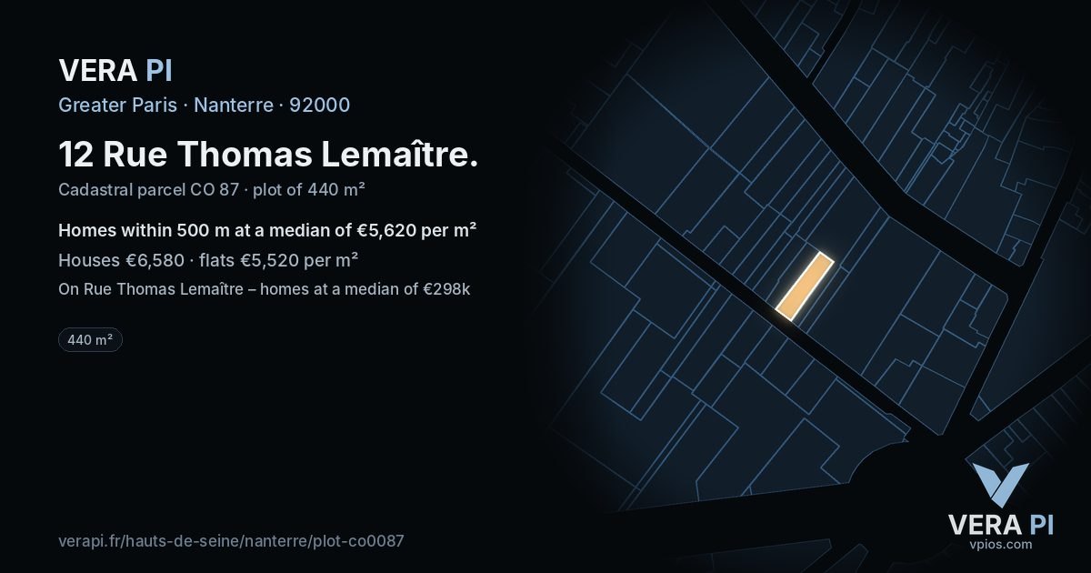 12 Rue Thomas Lemaître, Nanterre at night – the plot lit, the parcels around coloured by the prices near them