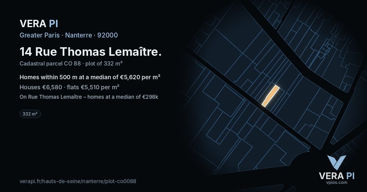 14 Rue Thomas Lemaître, Nanterre at night – the plot lit, the parcels around coloured by the prices near them