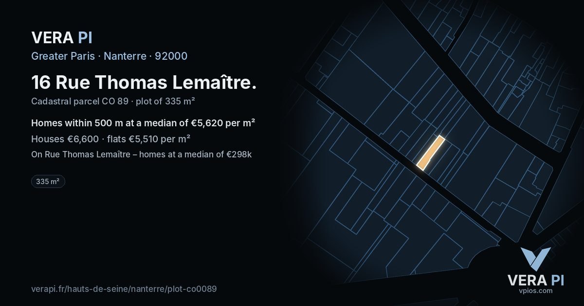16 Rue Thomas Lemaître, Nanterre at night – the plot lit, the parcels around coloured by the prices near them