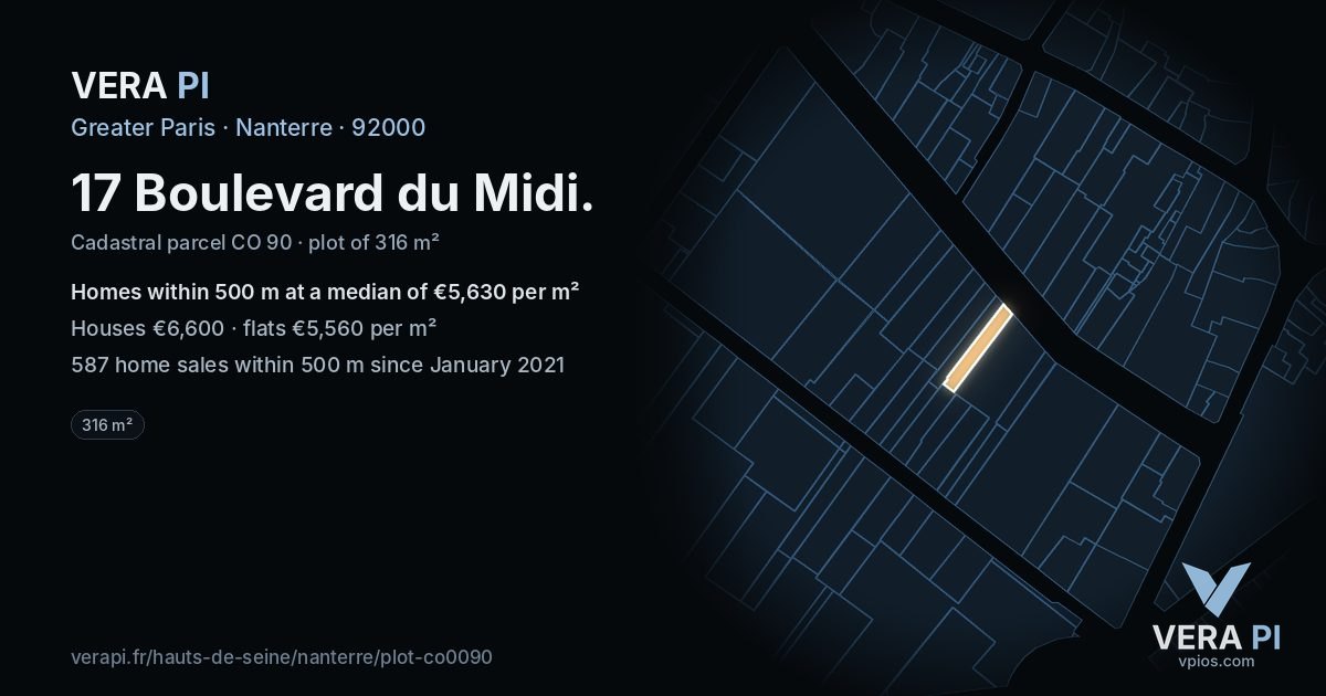 17 Boulevard du Midi, Nanterre at night – the plot lit, the parcels around coloured by the prices near them