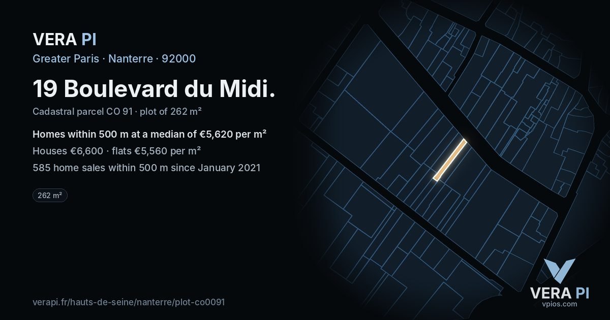 19 Boulevard du Midi, Nanterre at night – the plot lit, the parcels around coloured by the prices near them