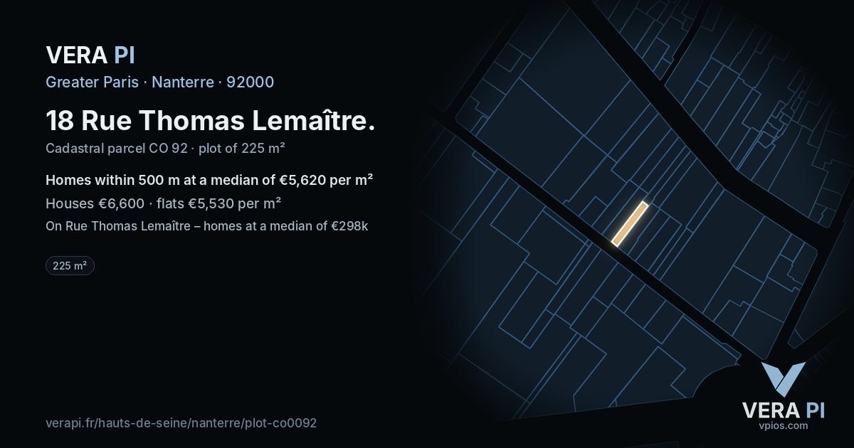 18 Rue Thomas Lemaître, Nanterre at night – the plot lit, the parcels around coloured by the prices near them