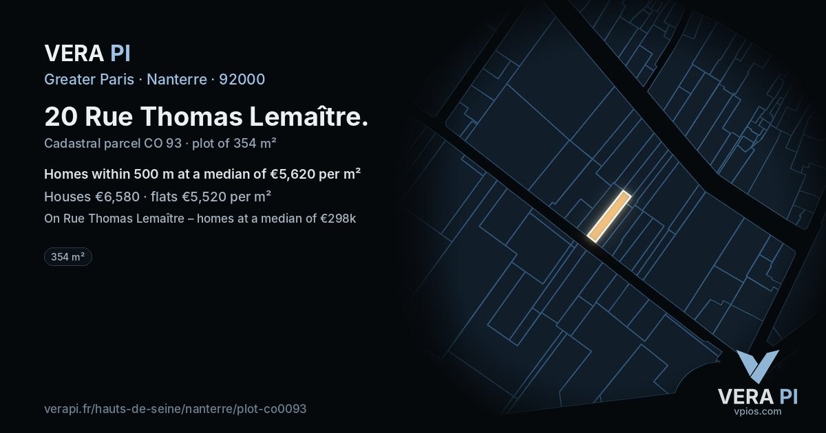 20 Rue Thomas Lemaître, Nanterre at night – the plot lit, the parcels around coloured by the prices near them