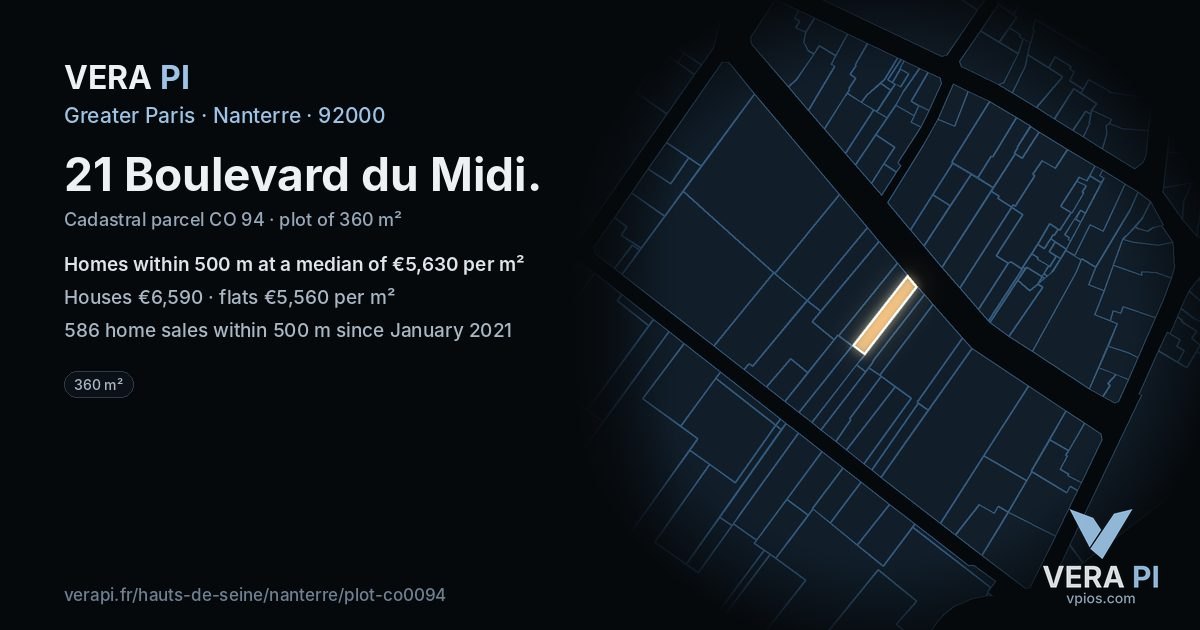 21 Boulevard du Midi, Nanterre at night – the plot lit, the parcels around coloured by the prices near them
