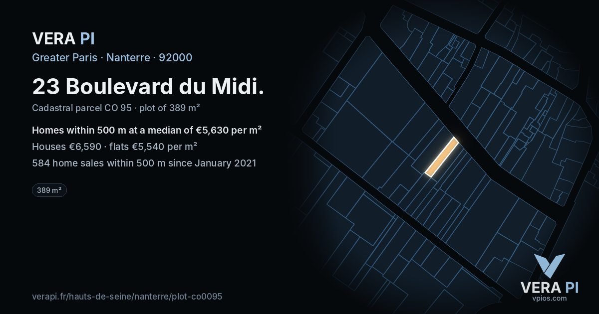 23 Boulevard du Midi, Nanterre at night – the plot lit, the parcels around coloured by the prices near them